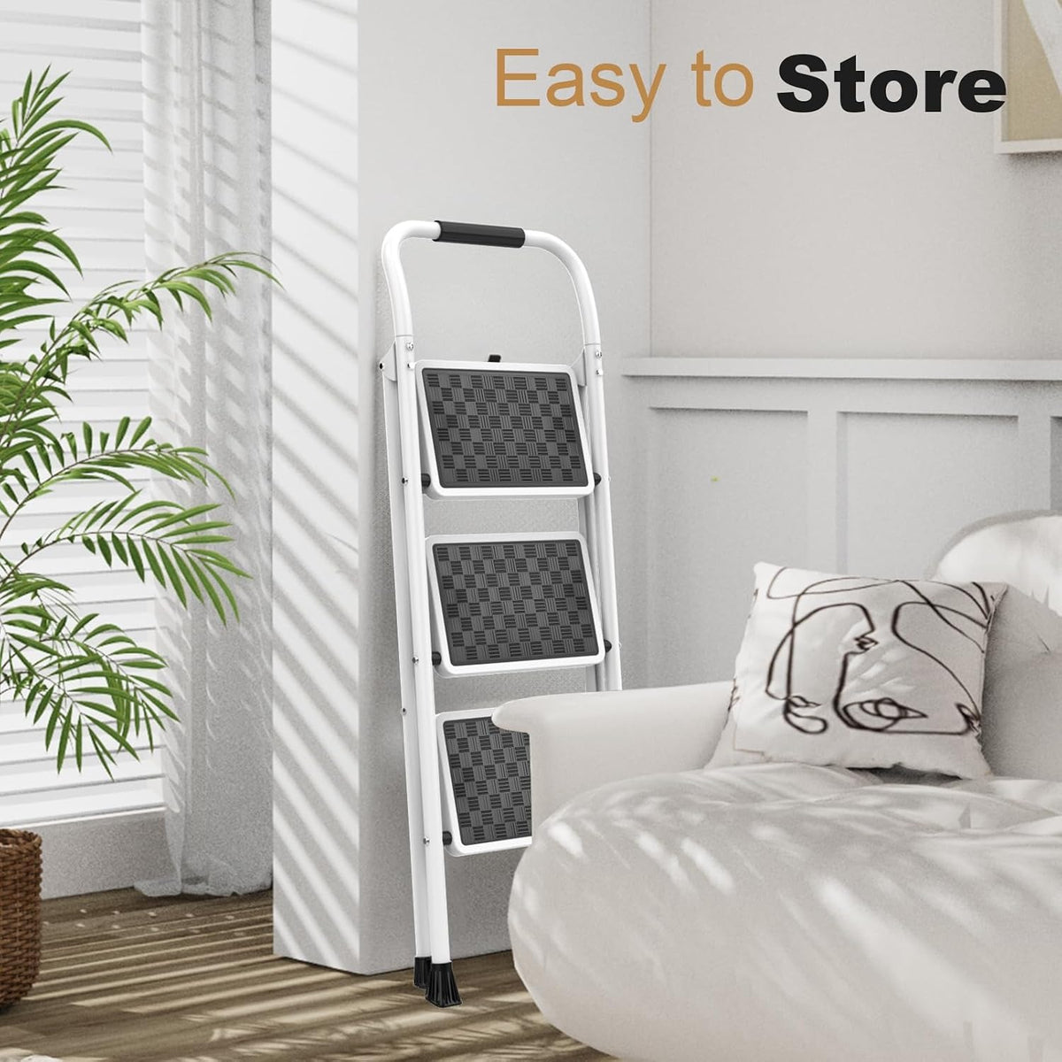 Estella 3-Step Folding Steel Step Ladder with Wide Anti-Slip Steps, White