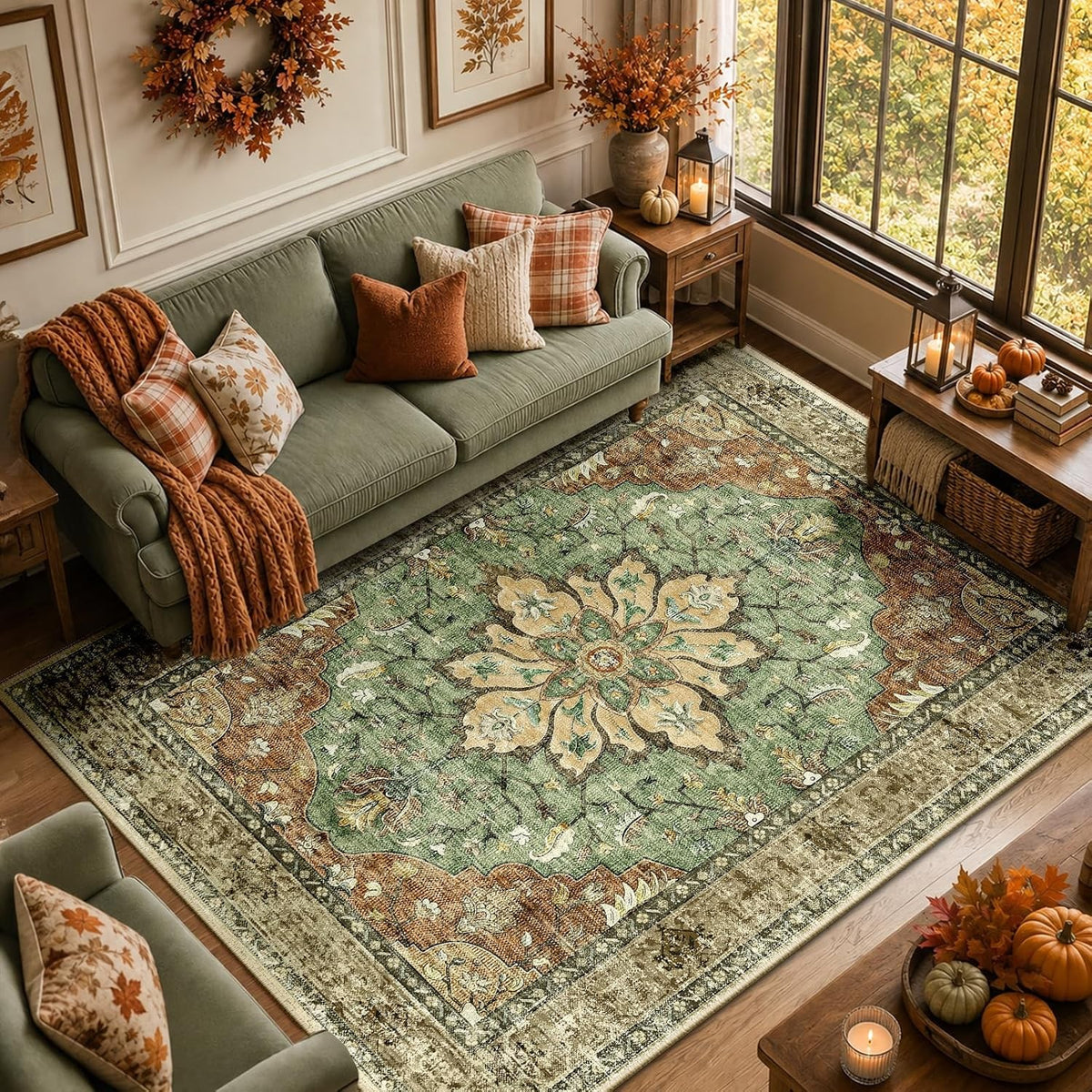 Oriana 8x10 Washable Vintage Medallion Area Rug, Sage Green & Brick