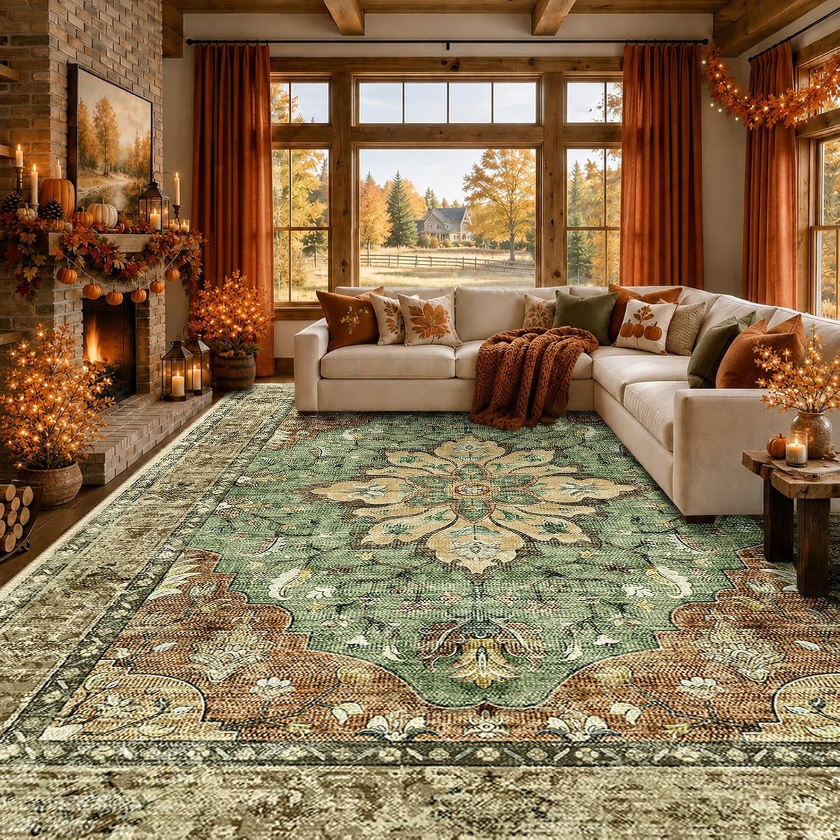 Oriana 8x10 Washable Vintage Medallion Area Rug, Sage Green & Brick