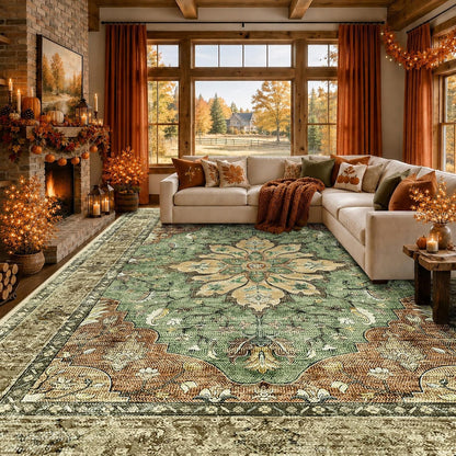 Oriana 8x10 Washable Vintage Medallion Area Rug, Sage Green & Brick