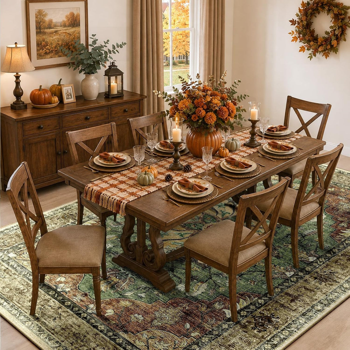 Oriana 8x10 Washable Vintage Medallion Area Rug, Sage Green & Brick