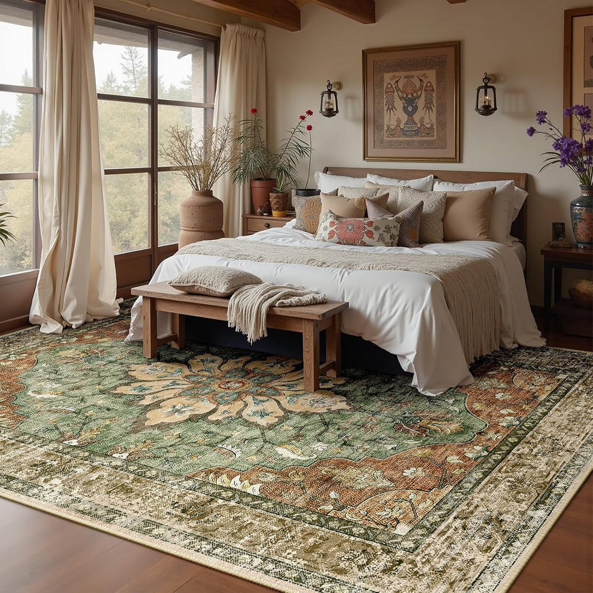 Oriana 8x10 Washable Vintage Medallion Area Rug, Sage Green & Brick