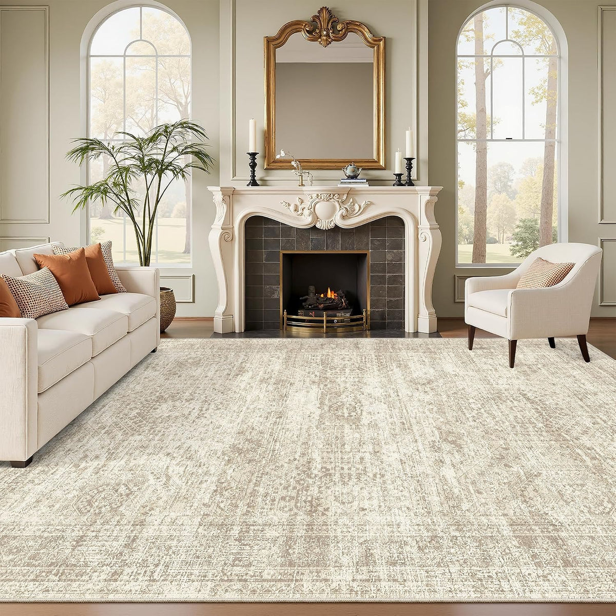 8x10 Washable Area Rug, Distressed Vintage Low Pile Non-Slip Rug for Living Room & Bedroom, Beige & Ivory – Bernadine