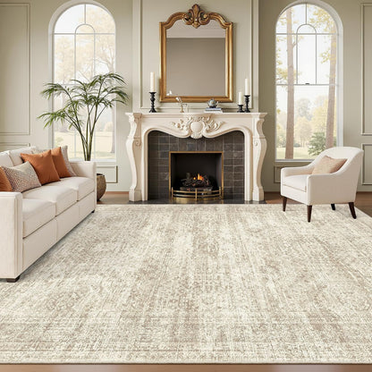 8x10 Washable Area Rug, Distressed Vintage Low Pile Non-Slip Rug for Living Room & Bedroom, Beige & Ivory – Bernadine