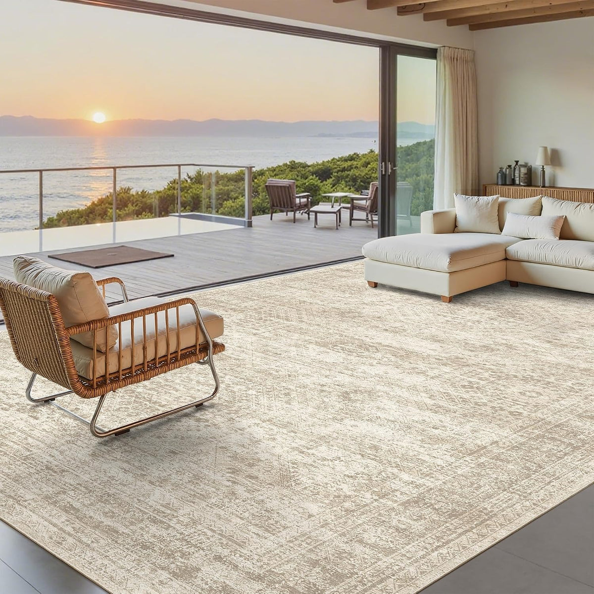 8x10 Washable Area Rug, Distressed Vintage Low Pile Non-Slip Rug for Living Room & Bedroom, Beige & Ivory – Bernadine