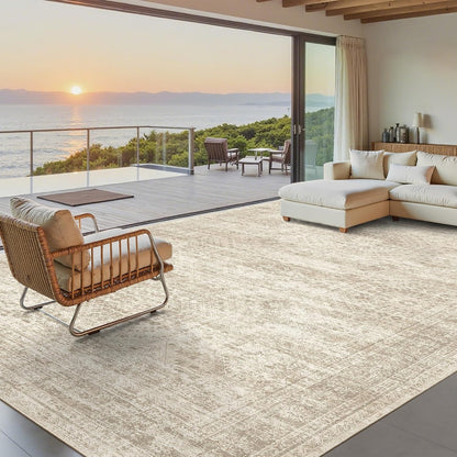 8x10 Washable Area Rug, Distressed Vintage Low Pile Non-Slip Rug for Living Room & Bedroom, Beige & Ivory – Bernadine