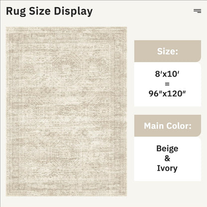 8x10 Washable Area Rug, Distressed Vintage Low Pile Non-Slip Rug for Living Room & Bedroom, Beige & Ivory – Bernadine