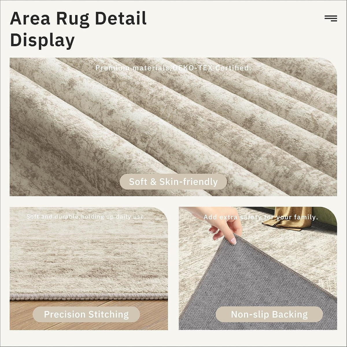 8x10 Washable Area Rug, Distressed Vintage Low Pile Non-Slip Rug for Living Room & Bedroom, Beige & Ivory – Bernadine