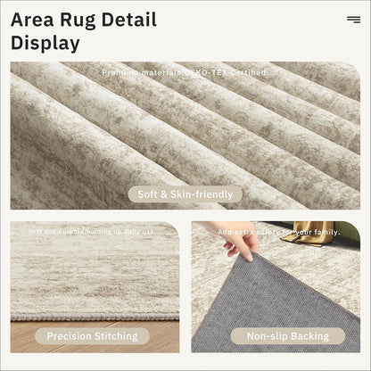 8x10 Washable Area Rug, Distressed Vintage Low Pile Non-Slip Rug for Living Room & Bedroom, Beige & Ivory – Bernadine