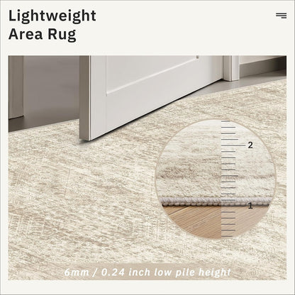 8x10 Washable Area Rug, Distressed Vintage Low Pile Non-Slip Rug for Living Room & Bedroom, Beige & Ivory – Bernadine
