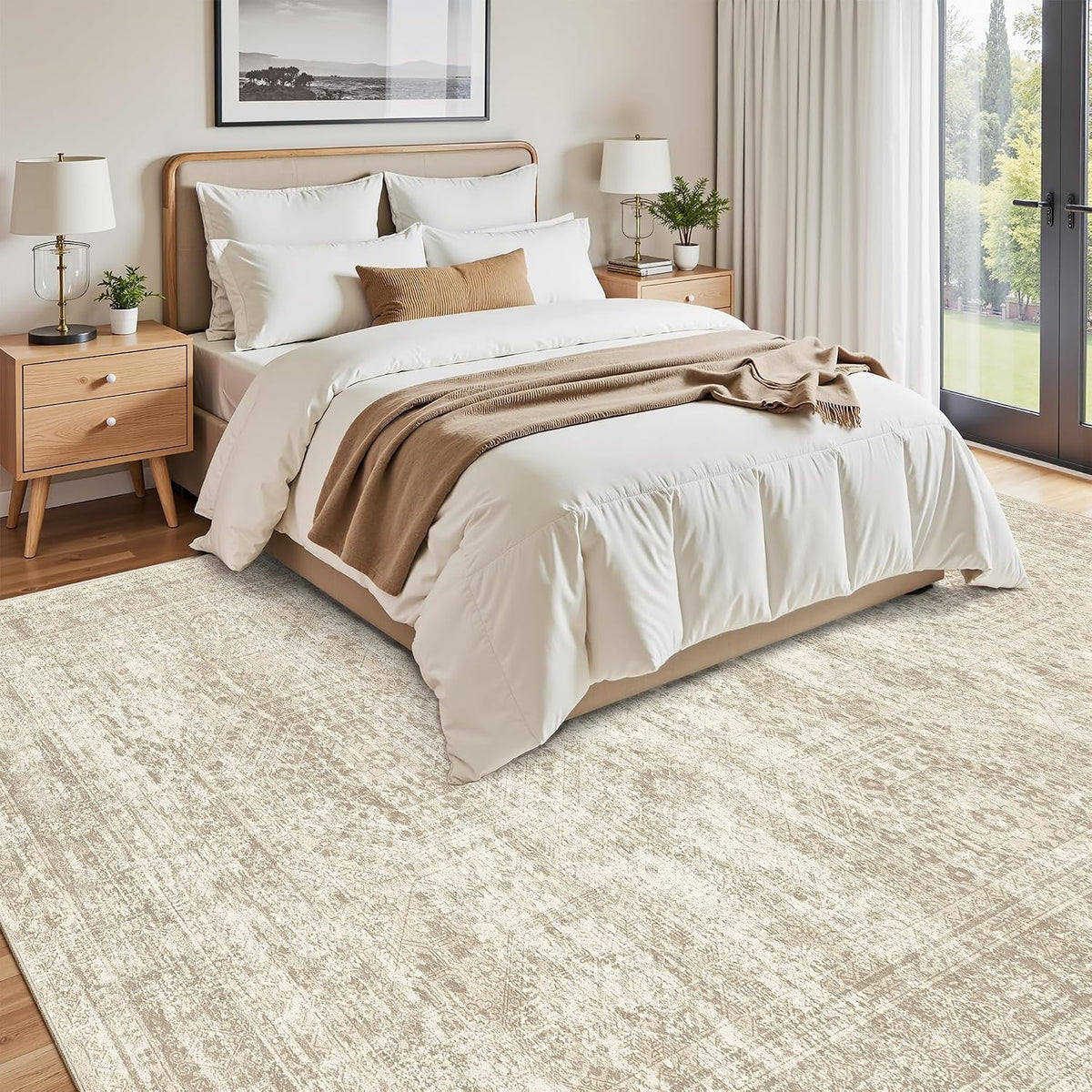 8x10 Washable Area Rug, Distressed Vintage Low Pile Non-Slip Rug for Living Room & Bedroom, Beige & Ivory – Bernadine