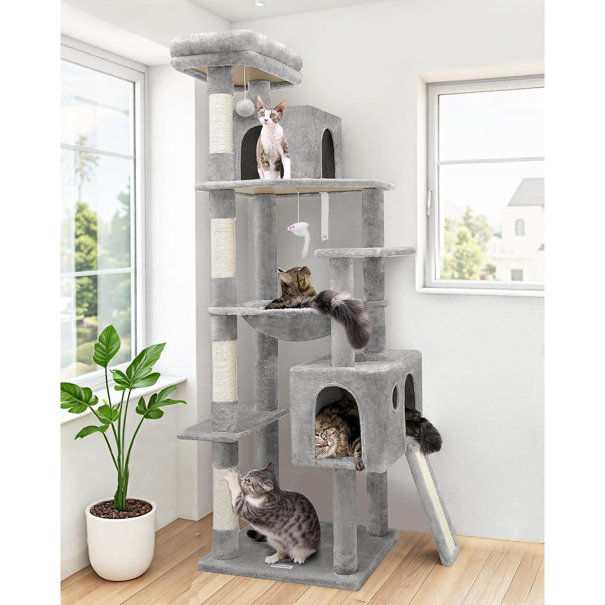 70" Tall Cat Tree for Large Cats, Multi-Level Cat Tower with Hammock, Condo, Sisal Scratching Posts & Top Perch, Light Gray – Jessamine