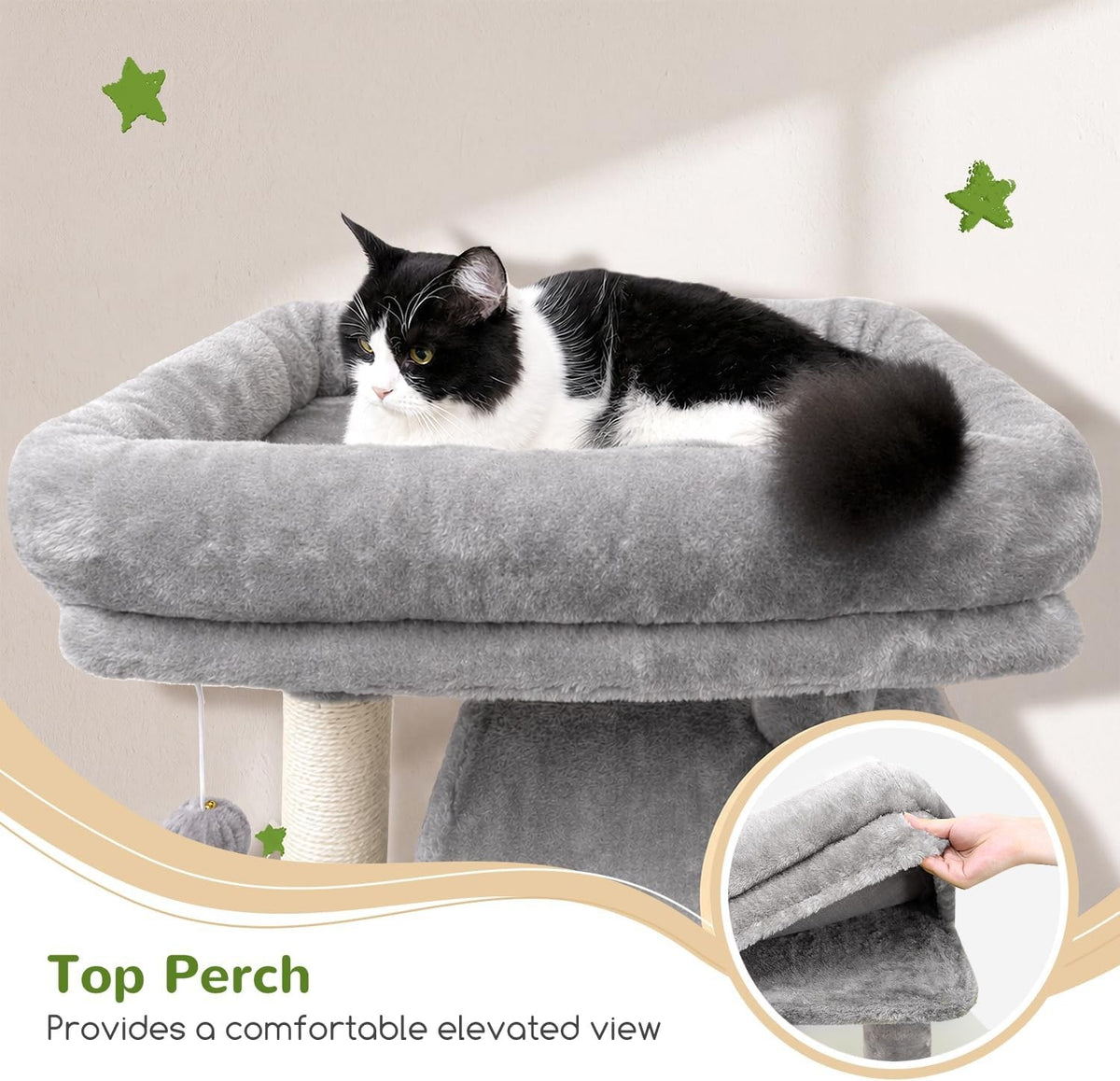 70" Tall Cat Tree for Large Cats, Multi-Level Cat Tower with Hammock, Condo, Sisal Scratching Posts & Top Perch, Light Gray – Jessamine