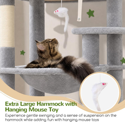 70" Tall Cat Tree for Large Cats, Multi-Level Cat Tower with Hammock, Condo, Sisal Scratching Posts & Top Perch, Light Gray – Jessamine