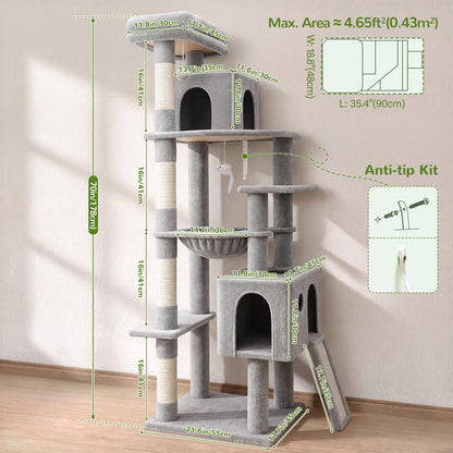 70" Tall Cat Tree for Large Cats, Multi-Level Cat Tower with Hammock, Condo, Sisal Scratching Posts & Top Perch, Light Gray – Jessamine