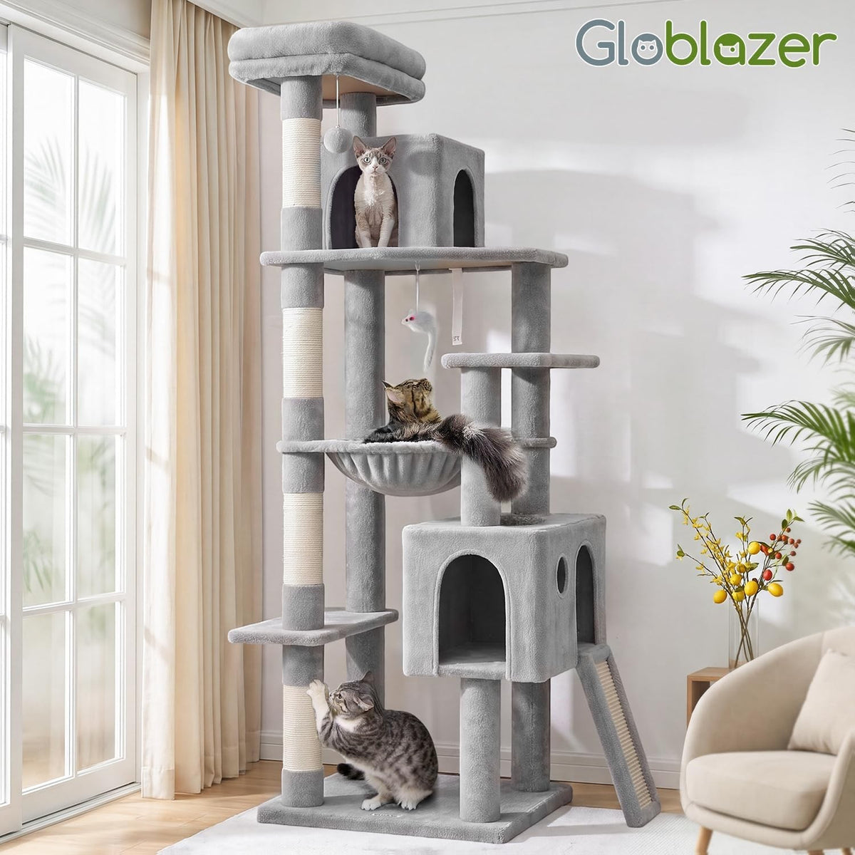 70" Tall Cat Tree for Large Cats, Multi-Level Cat Tower with Hammock, Condo, Sisal Scratching Posts & Top Perch, Light Gray – Jessamine