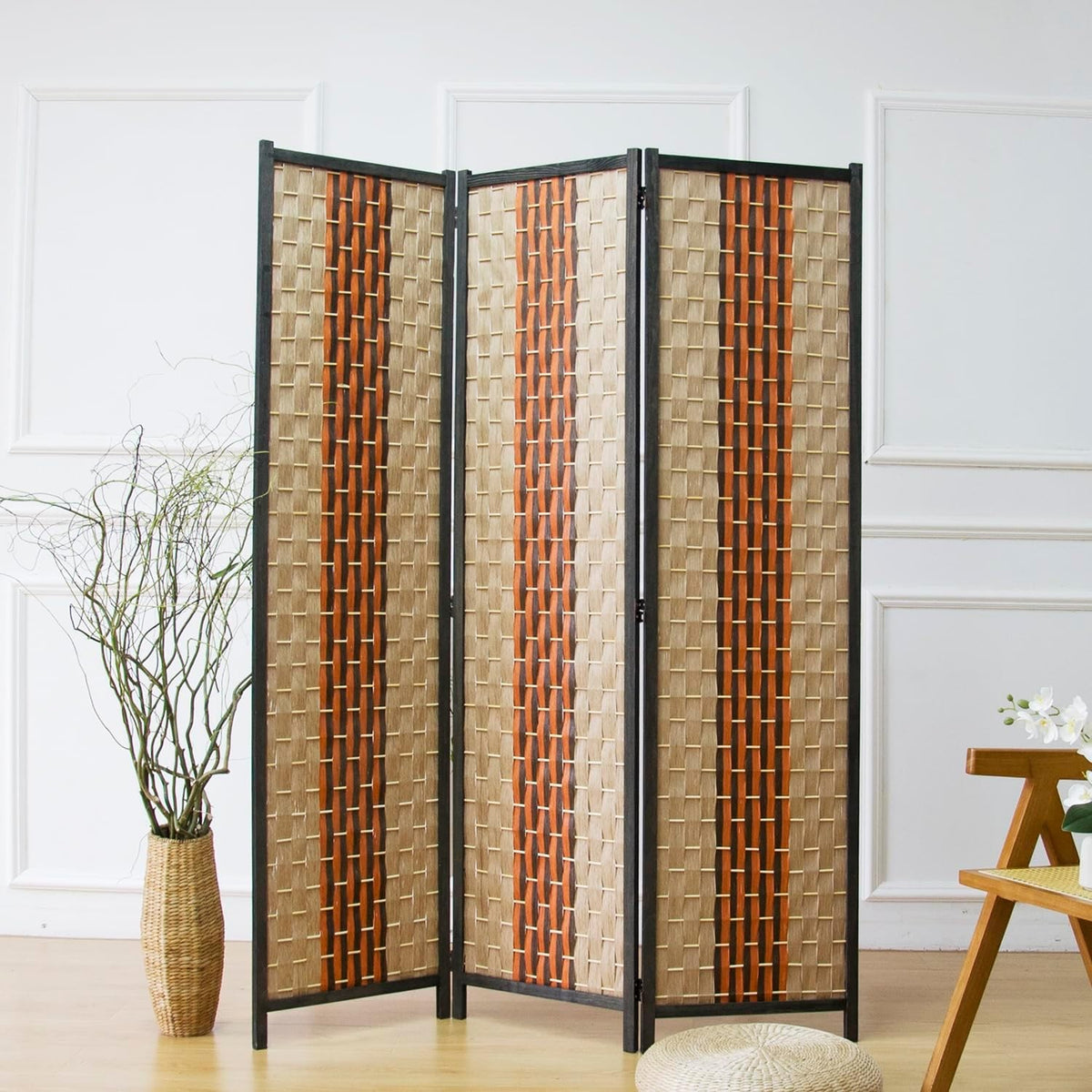 Persephone 3-Panel Woven Rattan Room Divider, Natural & Terracotta Stripe