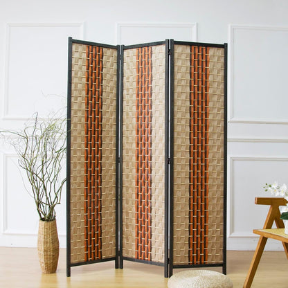 Persephone 3-Panel Woven Rattan Room Divider, Natural & Terracotta Stripe