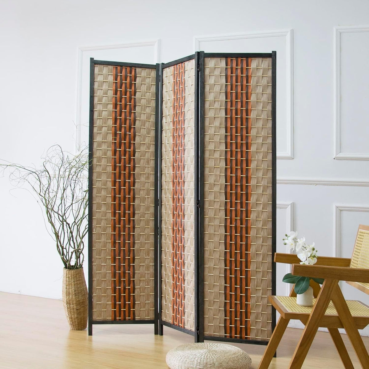 Persephone 3-Panel Woven Rattan Room Divider, Natural & Terracotta Stripe
