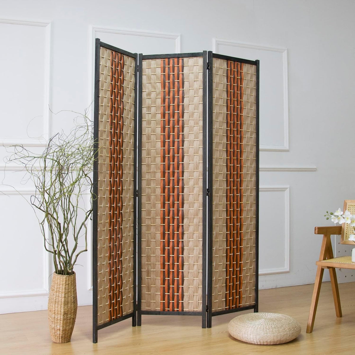 Persephone 3-Panel Woven Rattan Room Divider, Natural & Terracotta Stripe