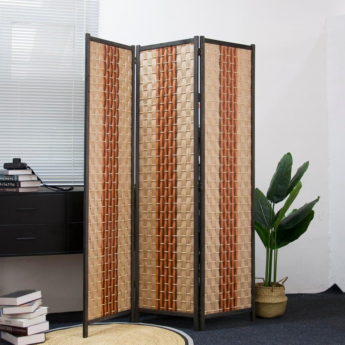 Persephone 3-Panel Woven Rattan Room Divider, Natural & Terracotta Stripe