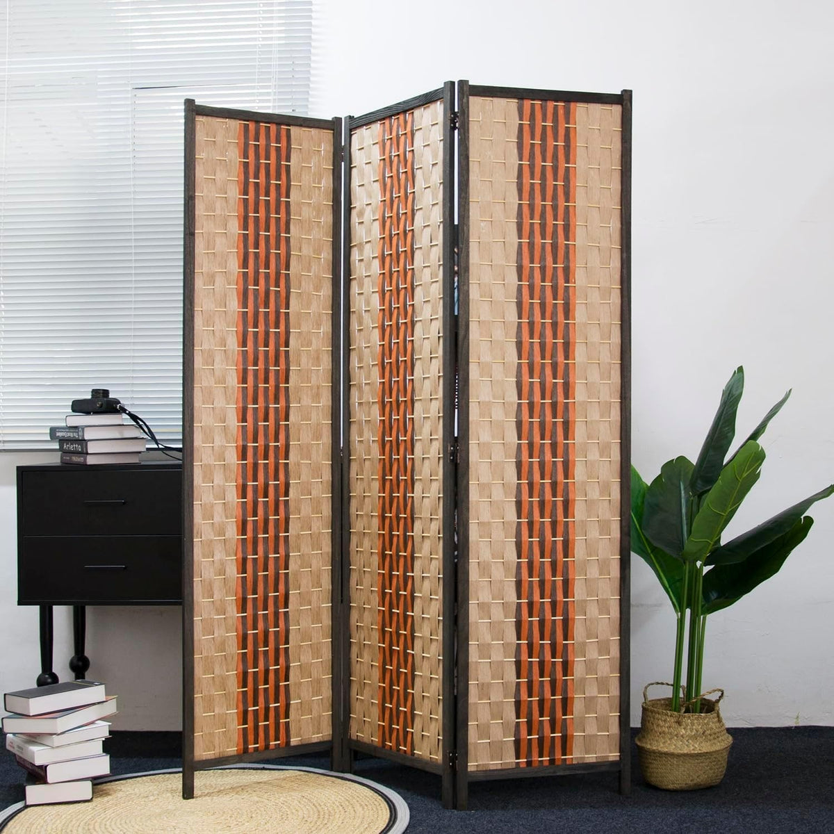 Persephone 3-Panel Woven Rattan Room Divider, Natural & Terracotta Stripe