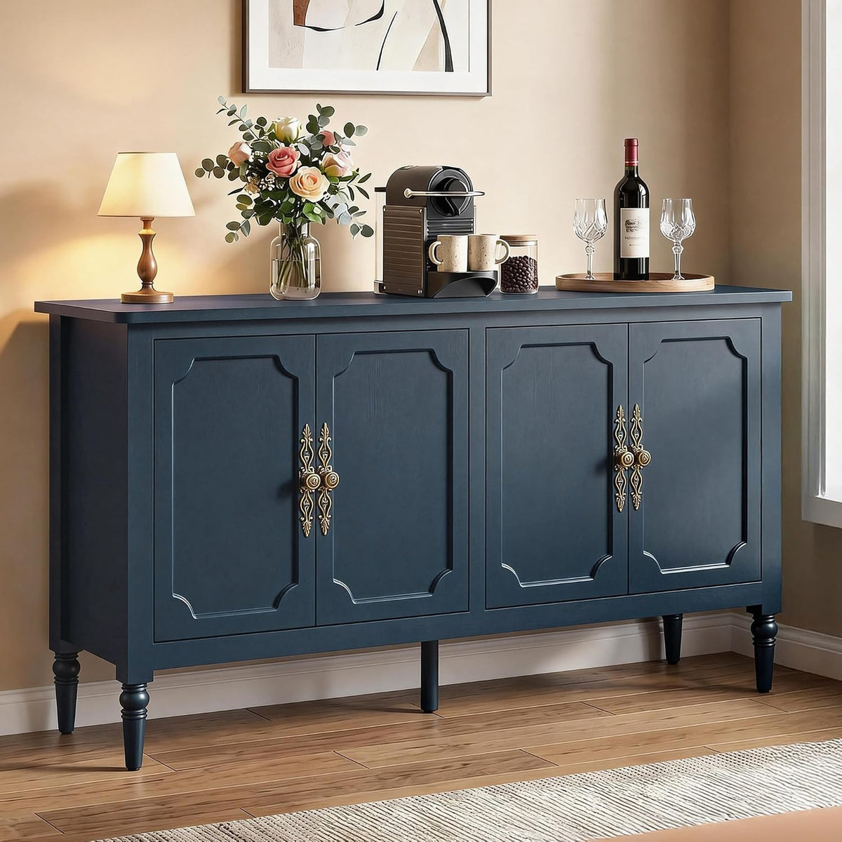 59" Navy Blue Sideboard Buffet Cabinet with 4 Doors, Vintage Painted Credenza with Bronze Handles & Solid Wood Legs – Rosalba
