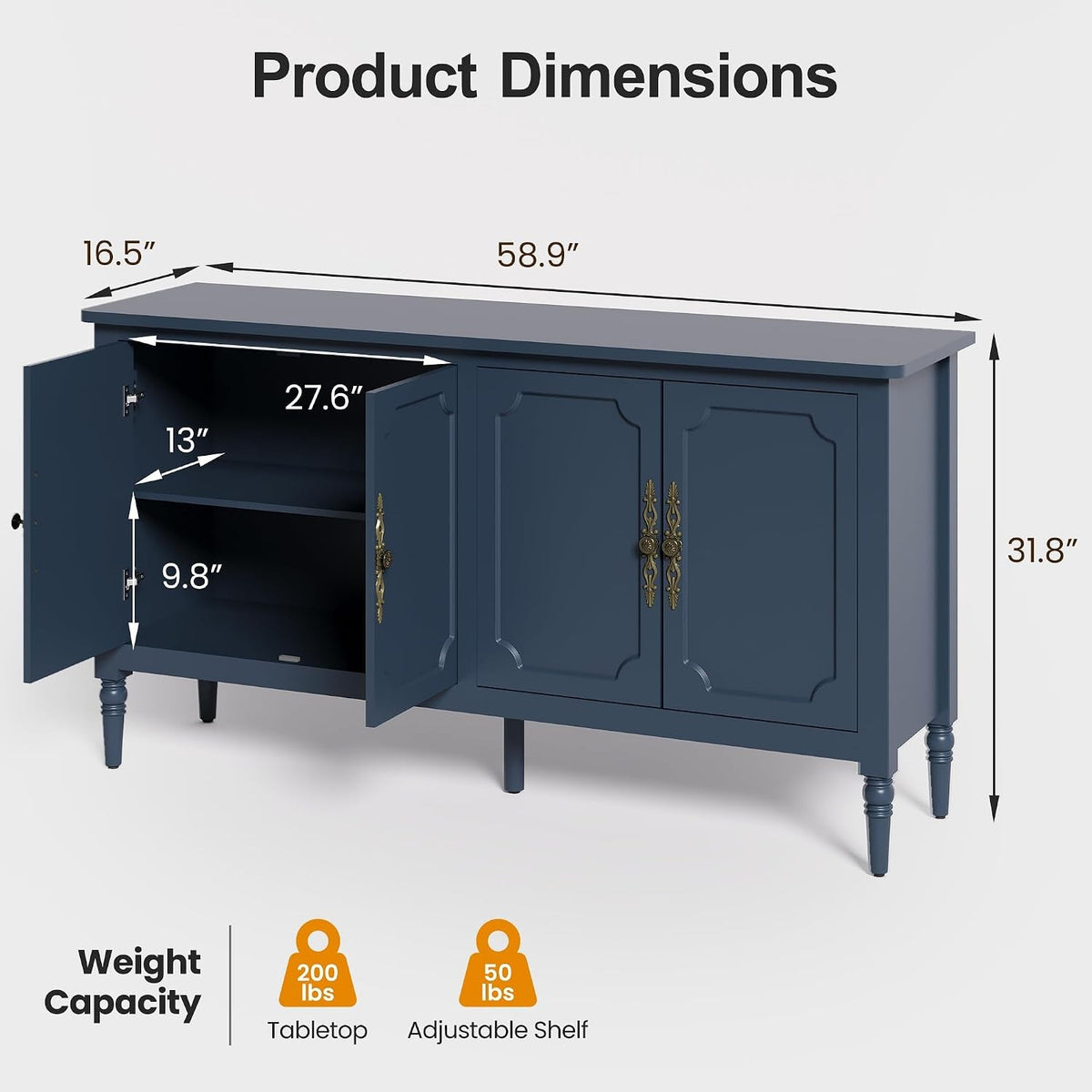 59" Navy Blue Sideboard Buffet Cabinet with 4 Doors, Vintage Painted Credenza with Bronze Handles & Solid Wood Legs – Rosalba