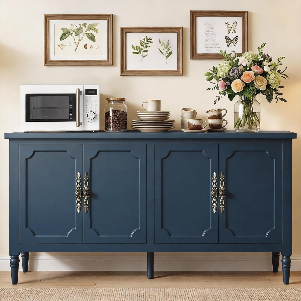 59" Navy Blue Sideboard Buffet Cabinet with 4 Doors, Vintage Painted Credenza with Bronze Handles & Solid Wood Legs – Rosalba