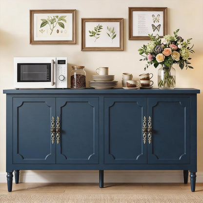 59" Navy Blue Sideboard Buffet Cabinet with 4 Doors, Vintage Painted Credenza with Bronze Handles & Solid Wood Legs – Rosalba