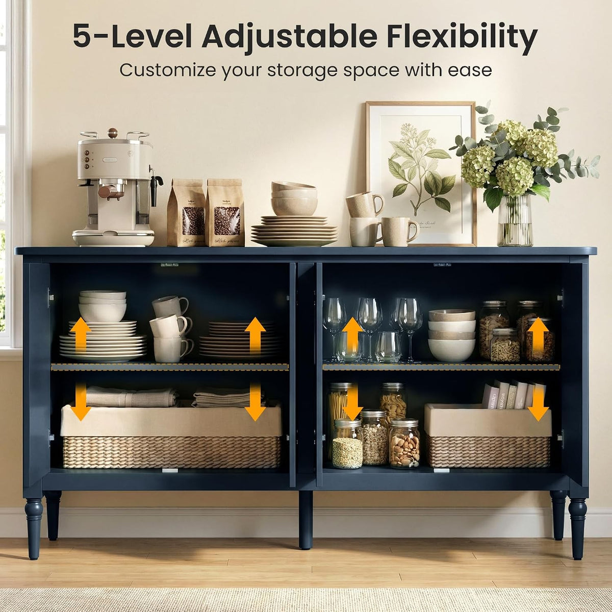59" Navy Blue Sideboard Buffet Cabinet with 4 Doors, Vintage Painted Credenza with Bronze Handles & Solid Wood Legs – Rosalba