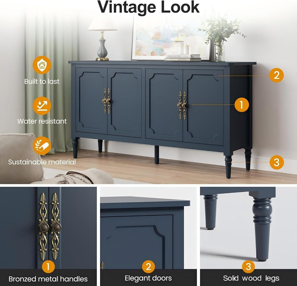 59" Navy Blue Sideboard Buffet Cabinet with 4 Doors, Vintage Painted Credenza with Bronze Handles & Solid Wood Legs – Rosalba
