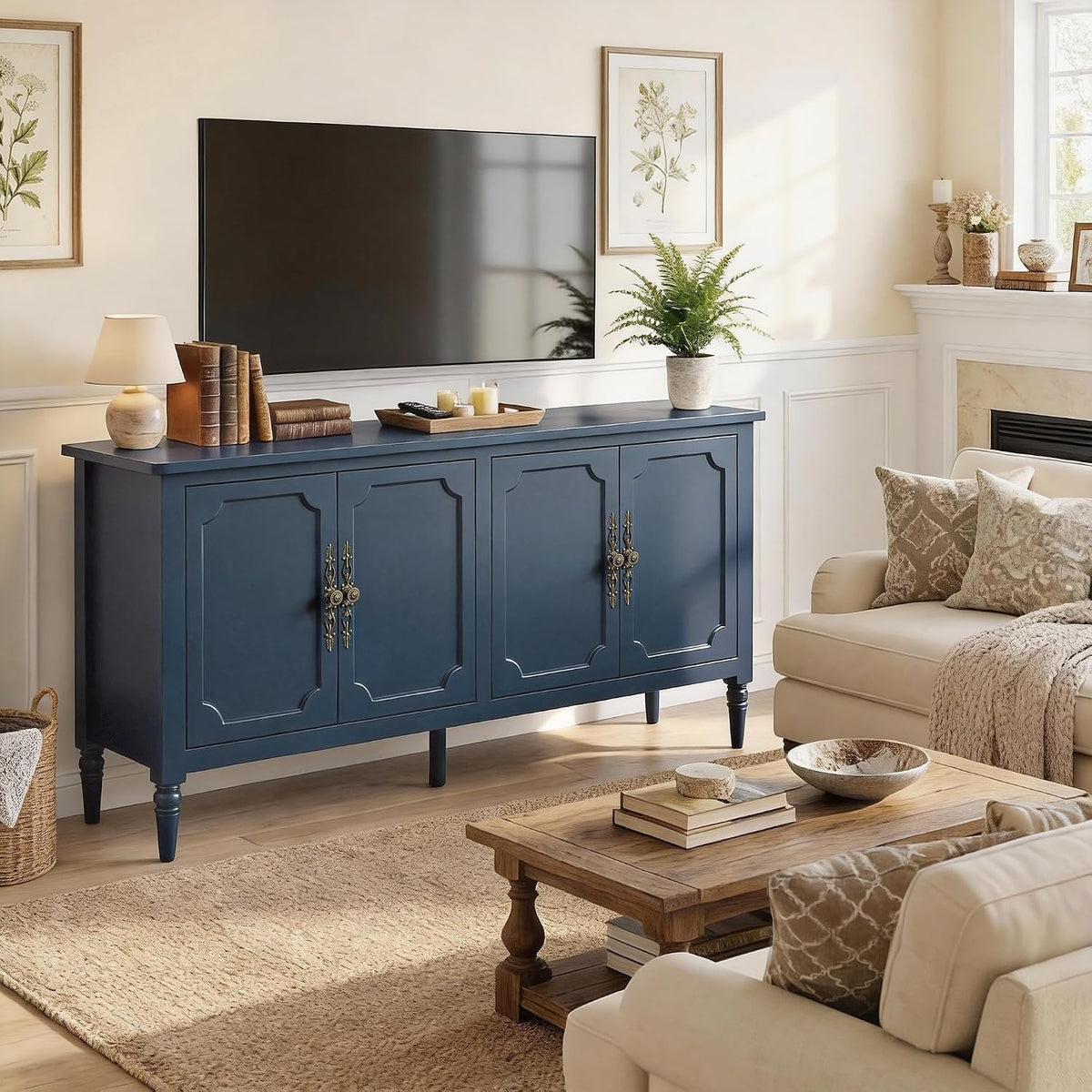 59" Navy Blue Sideboard Buffet Cabinet with 4 Doors, Vintage Painted Credenza with Bronze Handles & Solid Wood Legs – Rosalba