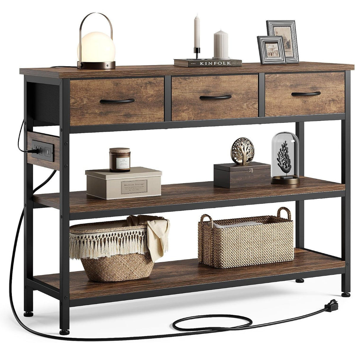 Leonie 43" Entryway Table with Outlets & 3 Fabric Drawers