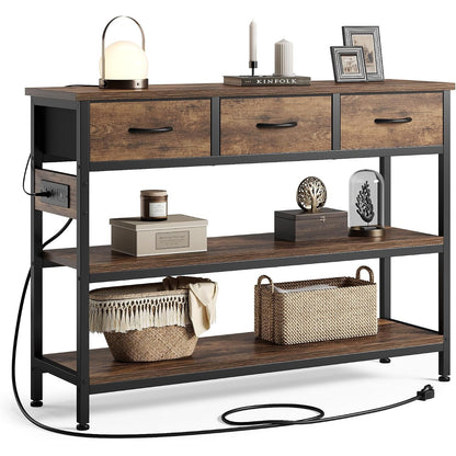 Leonie 43" Entryway Table with Outlets & 3 Fabric Drawers