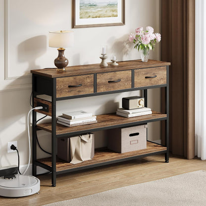 Leonie 43" Entryway Table with Outlets & 3 Fabric Drawers