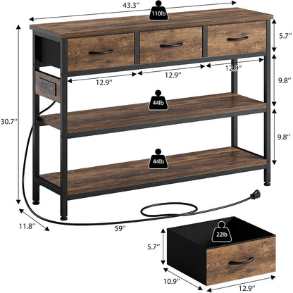Leonie 43" Entryway Table with Outlets & 3 Fabric Drawers