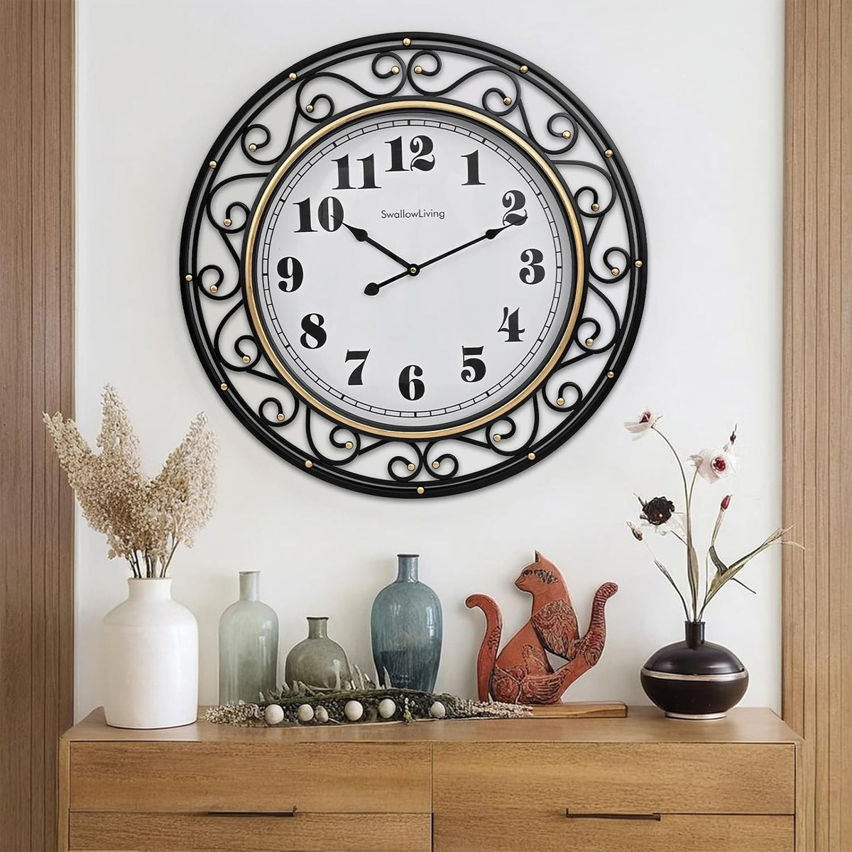 Isolde 24" Vintage Scroll Iron Silent Wall Clock, Black & Gold