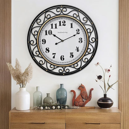 Isolde 24" Vintage Scroll Iron Silent Wall Clock, Black & Gold