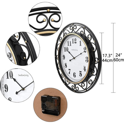 Isolde 24" Vintage Scroll Iron Silent Wall Clock, Black & Gold