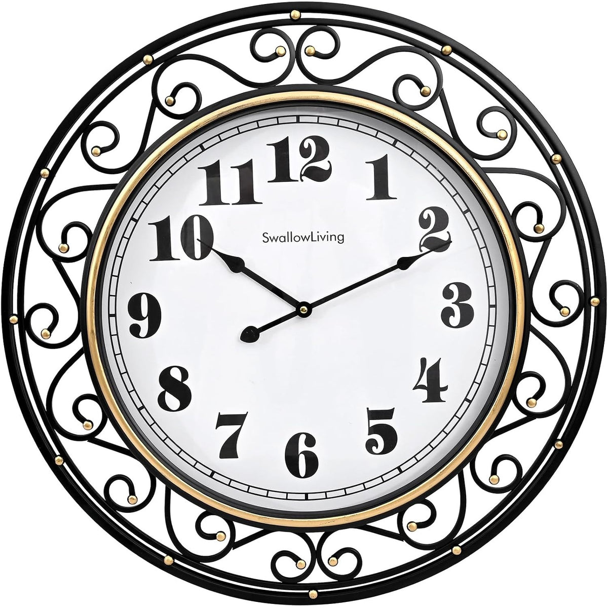 Isolde 24" Vintage Scroll Iron Silent Wall Clock, Black & Gold