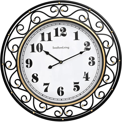 Isolde 24" Vintage Scroll Iron Silent Wall Clock, Black & Gold