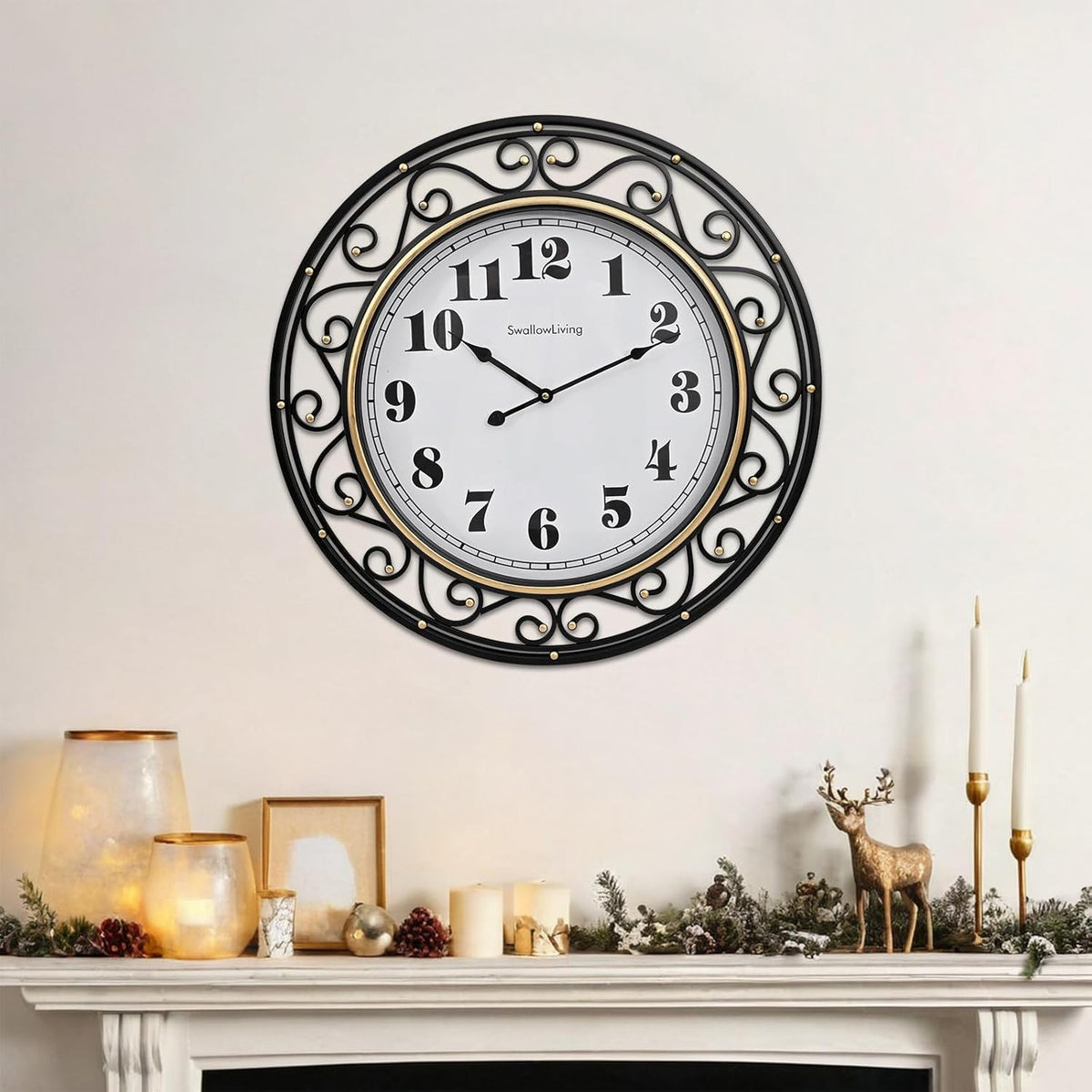 Isolde 24" Vintage Scroll Iron Silent Wall Clock, Black & Gold