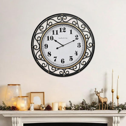 Isolde 24" Vintage Scroll Iron Silent Wall Clock, Black & Gold