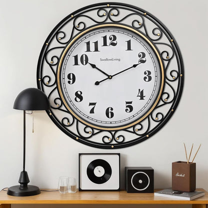 Isolde 24" Vintage Scroll Iron Silent Wall Clock, Black & Gold