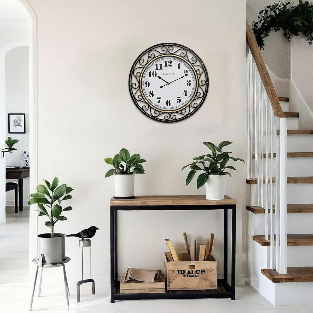 Isolde 24" Vintage Scroll Iron Silent Wall Clock, Black & Gold