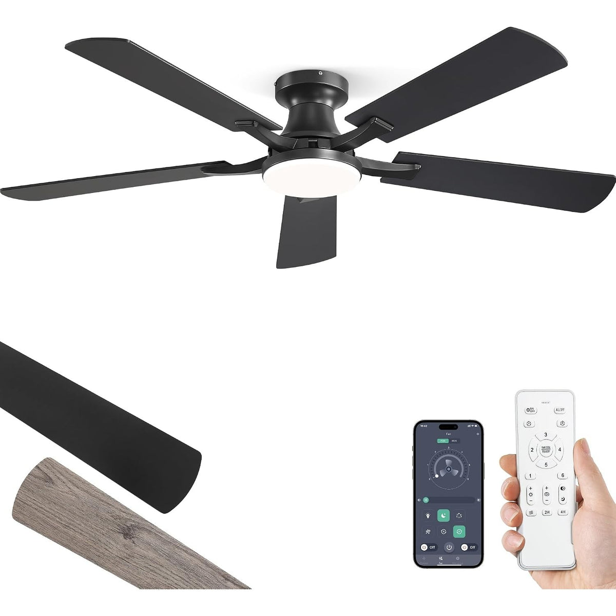 52" Low Profile Ceiling Fan with Light & Remote, Flush Mount LED Fan with App Control, Dimmable, Reversible DC Motor, Black – Albertine