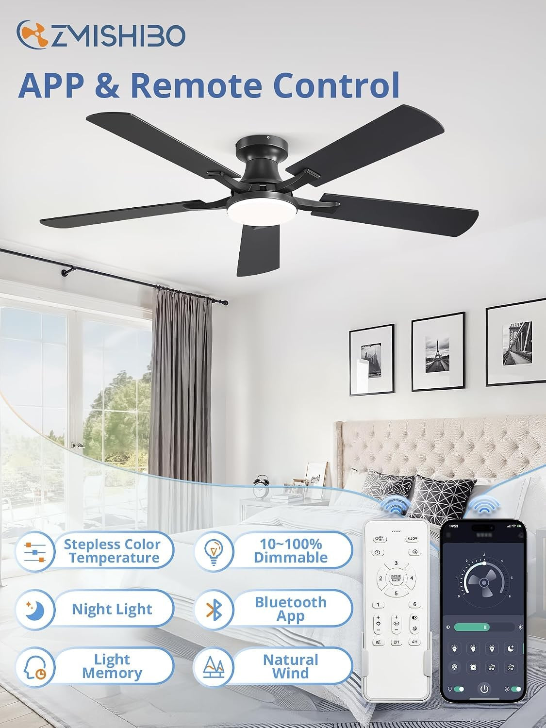 52" Low Profile Ceiling Fan with Light & Remote, Flush Mount LED Fan with App Control, Dimmable, Reversible DC Motor, Black – Albertine
