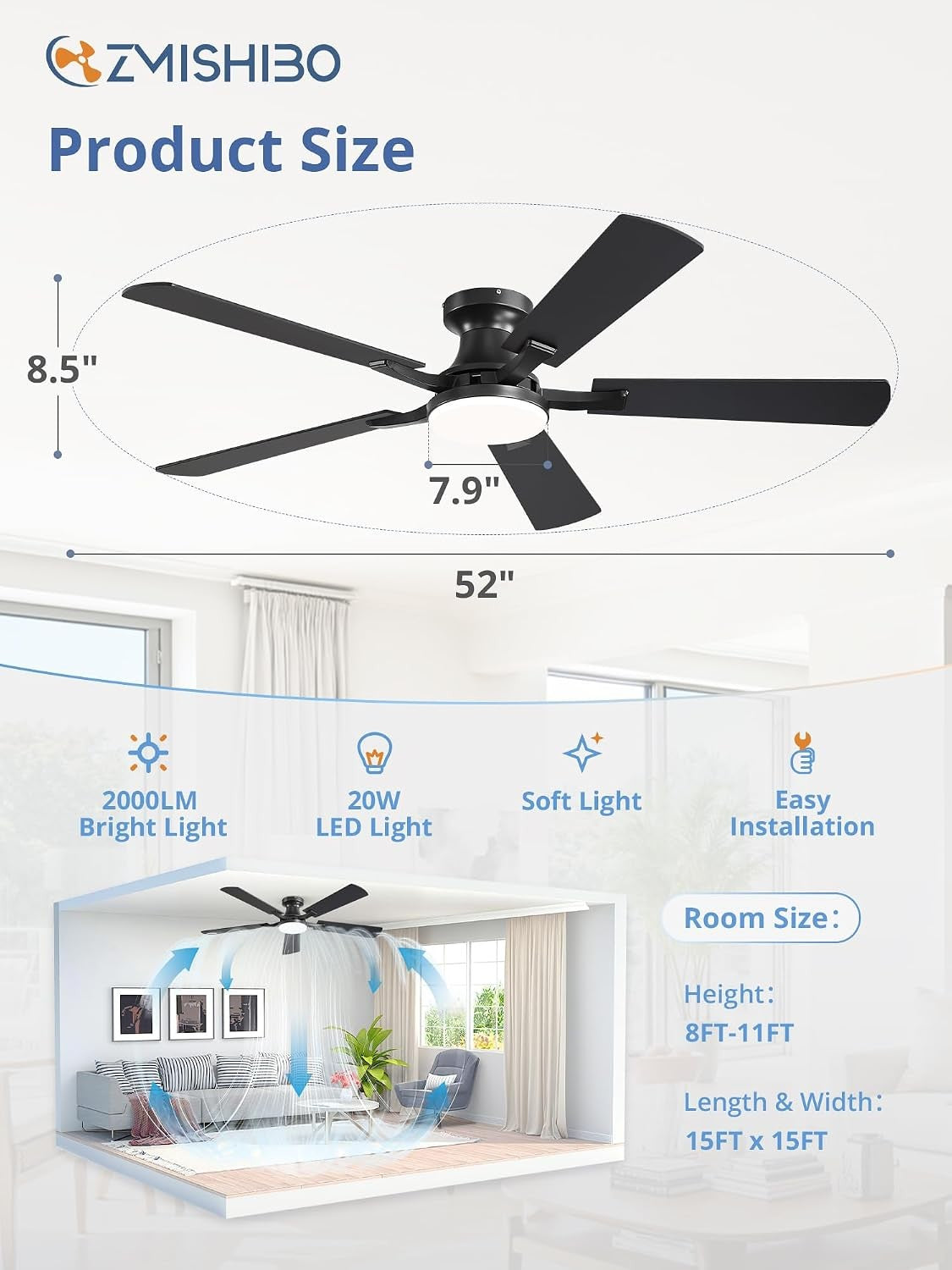 52" Low Profile Ceiling Fan with Light & Remote, Flush Mount LED Fan with App Control, Dimmable, Reversible DC Motor, Black – Albertine