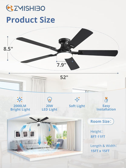 52" Low Profile Ceiling Fan with Light & Remote, Flush Mount LED Fan with App Control, Dimmable, Reversible DC Motor, Black – Albertine
